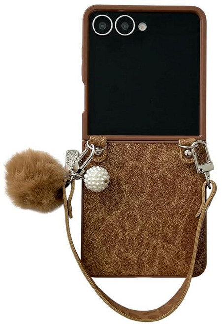 QYFZXLV 삼성 갤럭시 Z 플립 7용 케이스 손목 스트랩 패션 레오파드 프린트 패턴 디자인 충격 방지 낙하 휴대폰 보호 커버 여성용 (브라운), 2-브라운