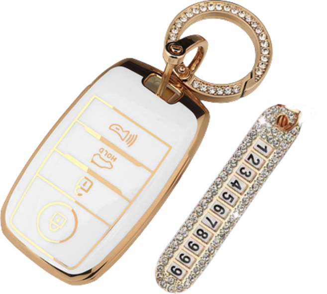 키에티 기아 K3 K5 쏘렌토 4버튼 차 키케이스 키홀더 + 분실방지 큐빅 전화번호판, 화이트골드라인