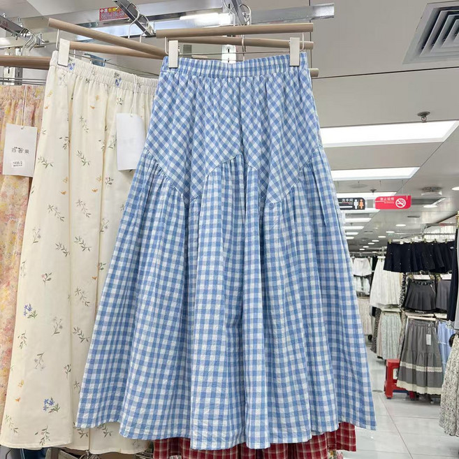 여성 면 마 스커트 봄 여름 패션 날씬해 보이는 a라인 스커트 볼륨 우산 스커트 미디 하이웨스트 린넨 롱 스커트 빈티지 패치 체크 스커트 SJS