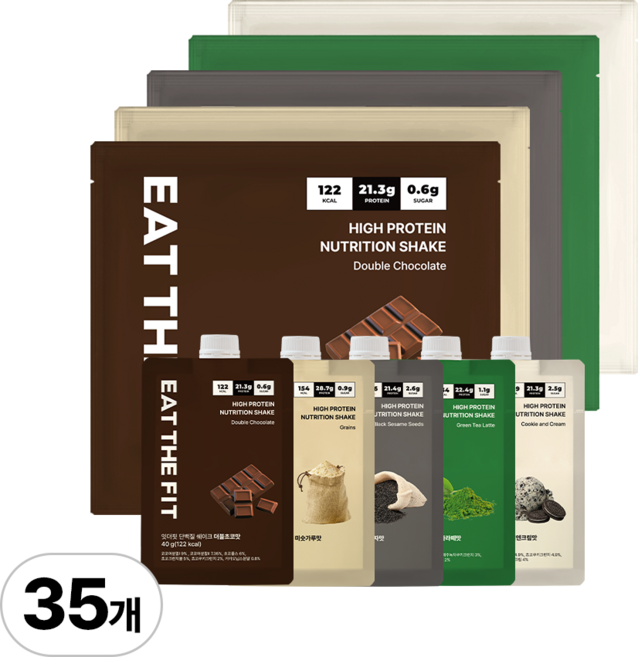 잇더핏 단백질 쉐이크 5주플랜 (더블초코맛 1주+미숫가루맛 1주+흑임자맛 1주+녹차라떼맛 1주+쿠키앤크림맛 1주), 5개, 280g