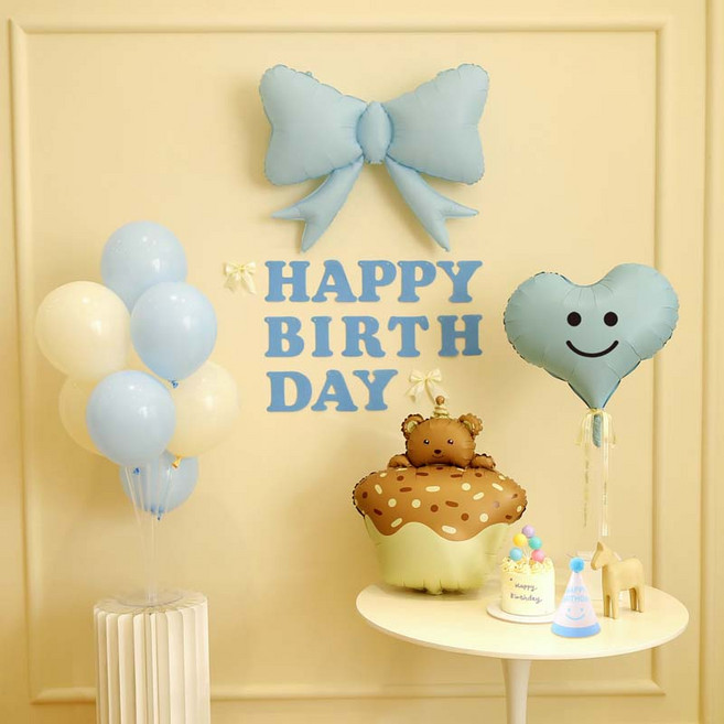 [파티랑]더스티 파스텔 리본 스탠드 생일파티 가랜드풍선세트, 1세트, 23)피콕블루 컵케익곰돌이 스마일하트형 (블루)