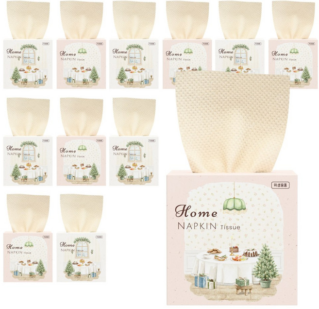휴홈 무표백 대나무 홈 냅킨 겸용 티슈, 150매, 12개, 연베이지