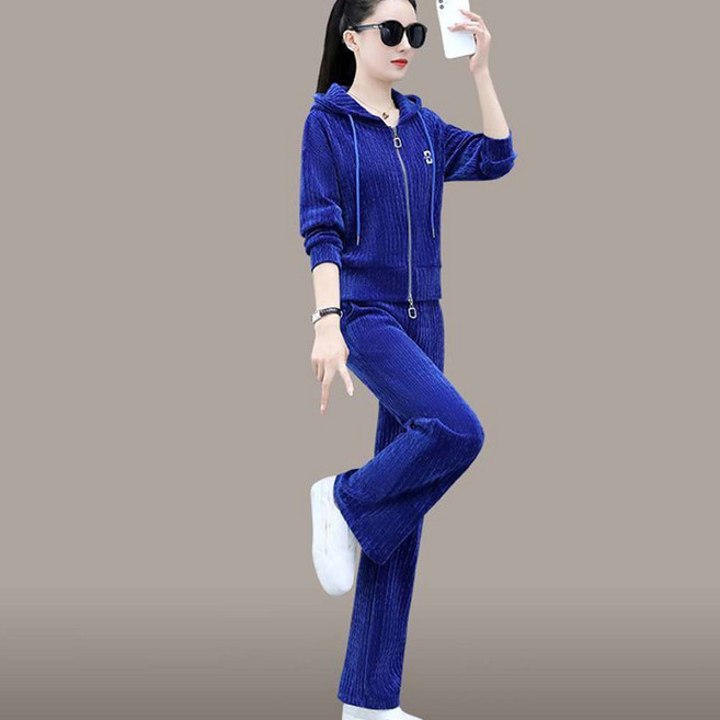 TKX 여성용 봄가을 긴팔 트레이닝복 세트 슬림핏 벨벳 후드 집업 츄리닝 투피스 KN53
