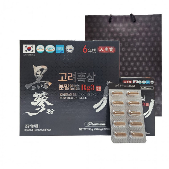 6년근 고려흑삼 분말캡슐 Rg3 250mg x 120캡슐 면역력증진 혈액순환, 1개, 1정