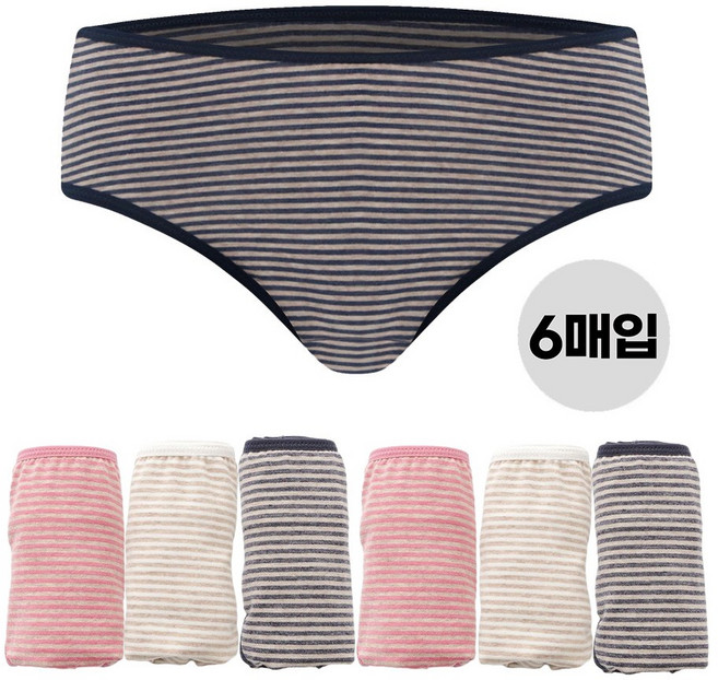 제임스딘 여성 면스판팬티 미디삼각팬티 6매입 세트 줄무늬 여학생 속옷 선물