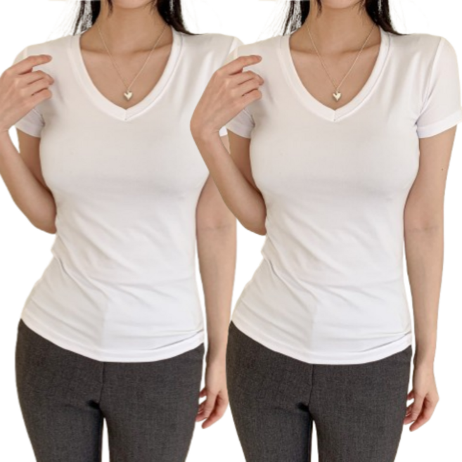 일월전빵 1+1 여성 슬림핏 무지 레이어드 스판 라운드 브이넥 반팔 티셔츠 B-C026
