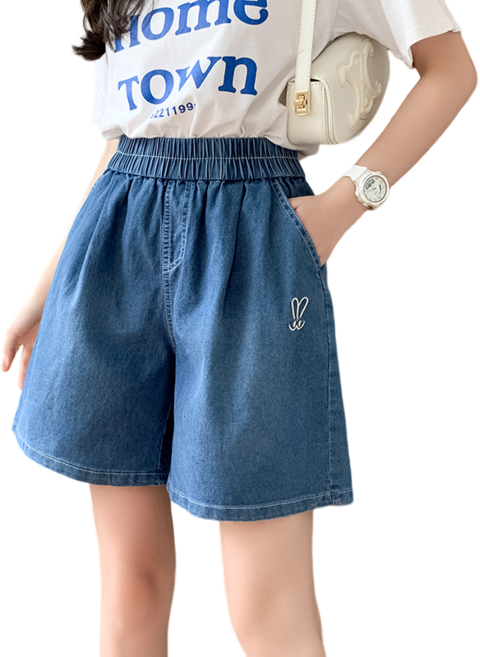 여성용 데님 반바지 밴딩 허리 루즈핏 캐주얼 와이드 5부 반바지 Women's shorts 뉴타임즈 T964Q242