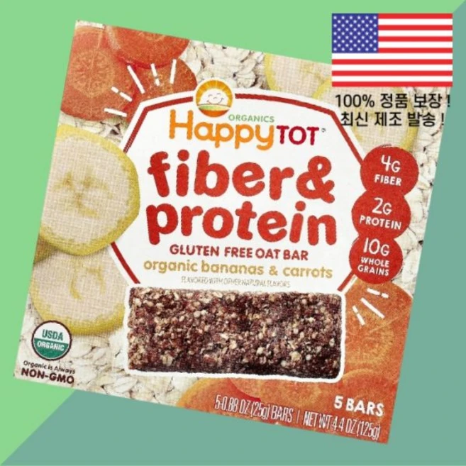 해피 패밀리 해피토트 섬유 단백 프로틴 귀리 바 바나나 당근 5개 각 0.88온스 25g Happy Family Organics HappyTot Fiber Protein Oat, 1 - 쿠팡