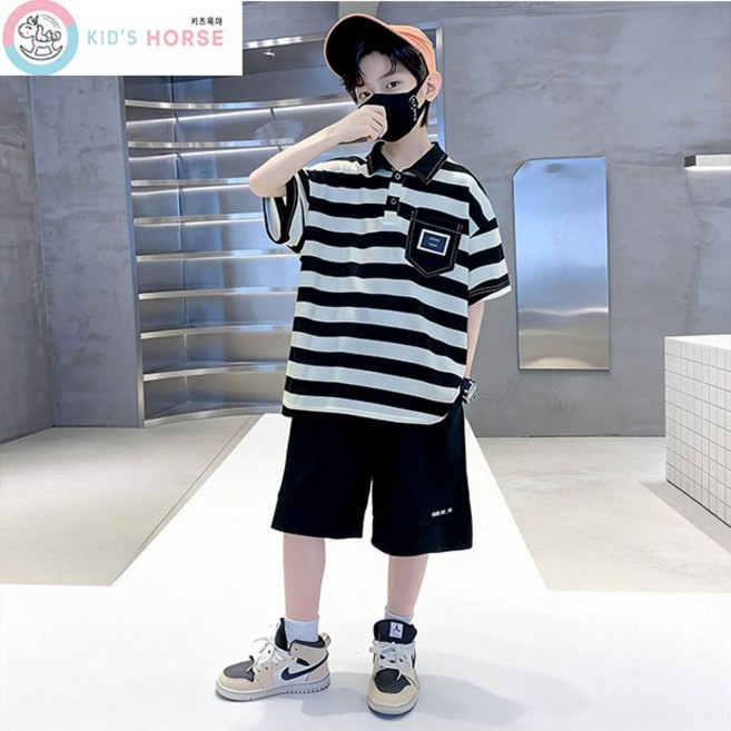 키즈목마 2025 남아 여름 카라넥 반팔티 반바지 상하복 폴로 스트라이프 반팔 세트 주니어 상하의 세트 591