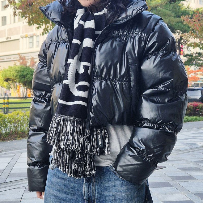 아디다스 여성 에센셜 글로시 투인원 크롭 푸퍼 재킷 숏패딩 블랙