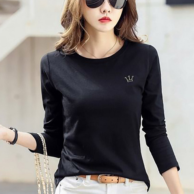 POMTOR 순면 100% 여성 라운드넥 자수 긴팔 티셔츠 슬림핏