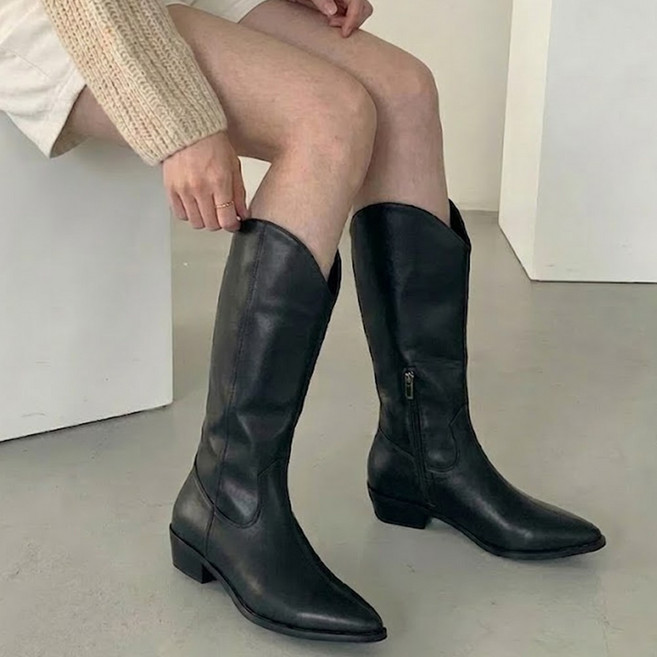 타니즈 로폰 봄 가을 여성 부츠 옆지퍼 웨스턴 통굽 롱부츠 (4.7cm)