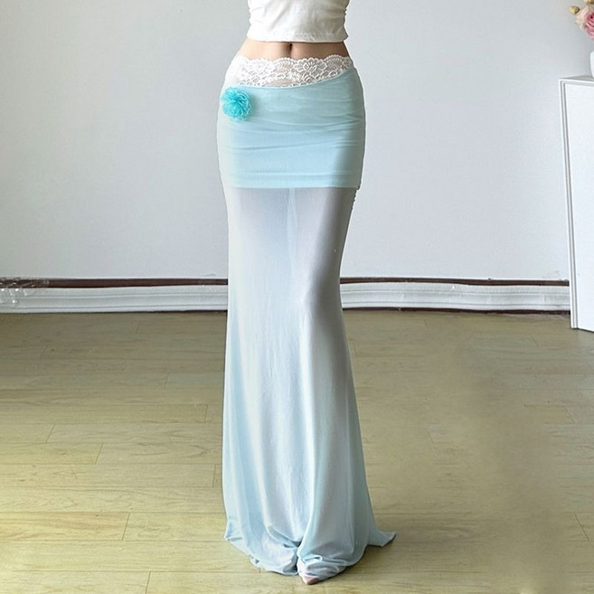 COSYEVNO 여성 여름 하이웨스트 시스루 롱 슬릿 스커트 BCXbsq-1