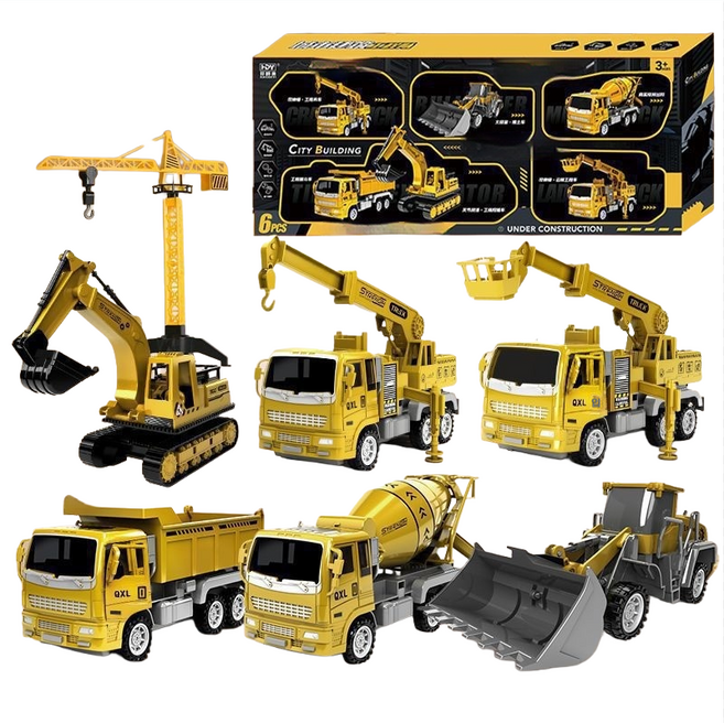 포크레인 굴삭기 중장비 트럭 세트 어린이 건설놀이 장난감 대형 완구, 공사차 6개입+ 타워크레인, 1개