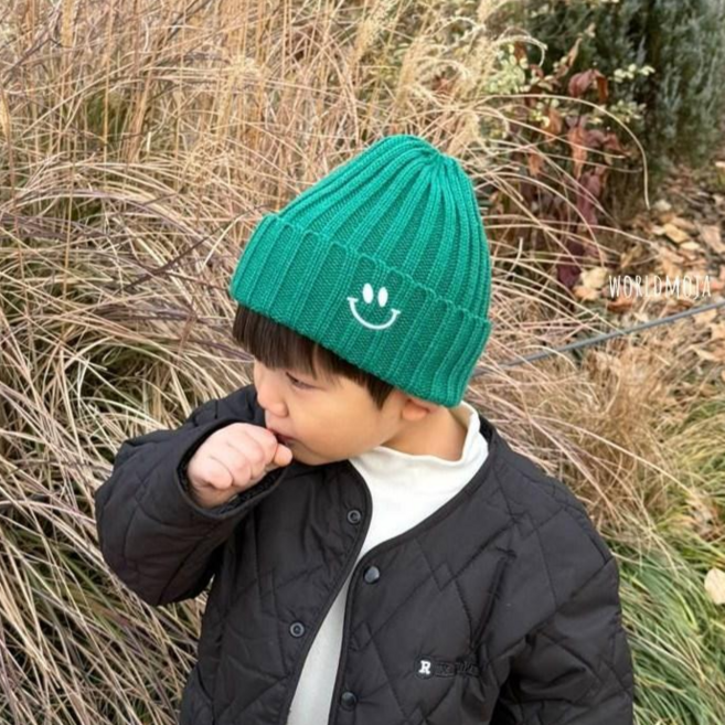 월드모자 스마일 자수 니트 비니 겨울 방한 모자 유아모자 아동모자