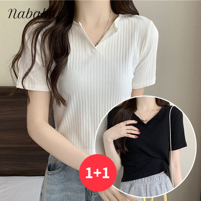 나바바 NT2731 여성 1+1 심플 골지 버튼 브이넥 반팔티