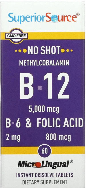 슈페리어쏘스 메틸코발라민 B-12 B-6 앤드 엽산 빠르게 용해되는 녹여먹는 60정, 1개 - 쿠팡