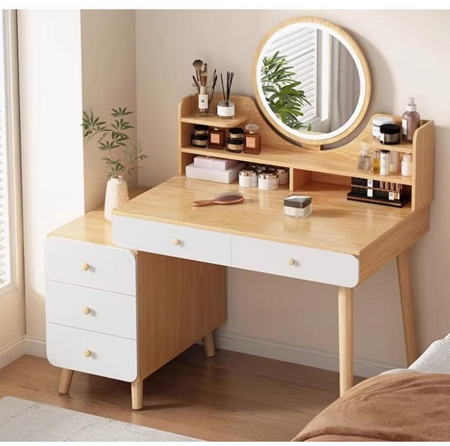 TixPra 화이트톤 고급 화장대 수납장 세트 / LED 조명 거 침실 인테리어 화장대, 나뭇결