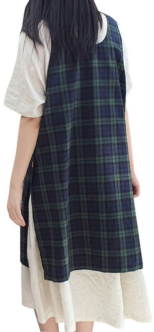 방가지똥 단추없는 카키린넨 앞치마, 블랙와치 체크, 1개