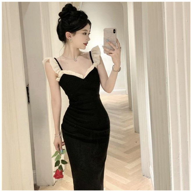 法式小黑裙新款時尚木耳邊性感包臀開叉連衣裙生日宴會禮服裙, 黑色,l