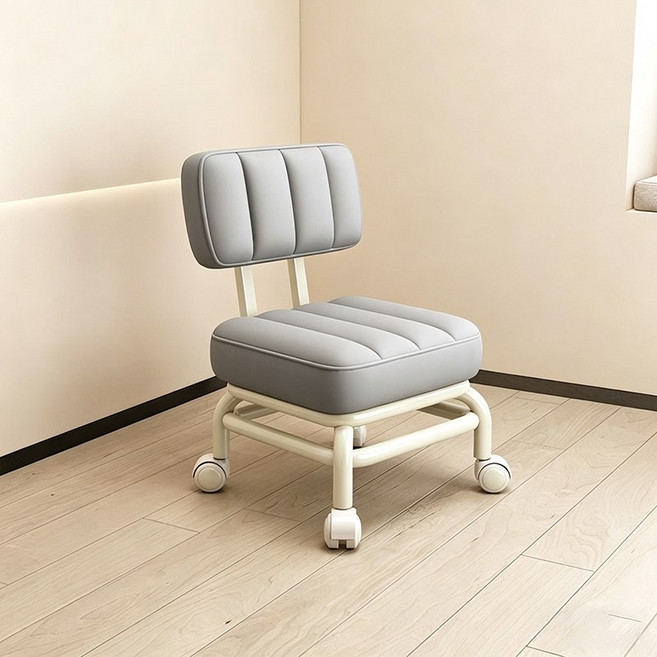 WHH 바퀴 가죽 스툴 미니 등받이 현관 의자, 라이트 그레이