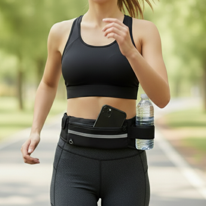 블라썸 여행 등산벨트 러닝벨트 허리 햅색 (물통수납 이어폰전용구멍 야간반사띠), 블랙, 1개