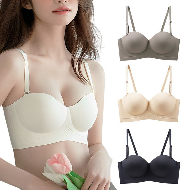 MJ FASHION 一片式無痕半杯內衣，平口無鋼圈設計，舒適集中收副乳，側邊加高穩定