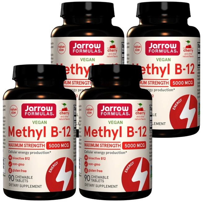 자로우 포뮬러스 비건 츄어블 메틸 비타민 B12 5000mcg 체리맛 90정 4통, 90정 × 4개 - 쿠팡