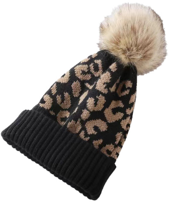 따봉오빠 레오파드 유니크 패턴 스포츠 니트 방울 모자 RDBA2206, 블랙, 1개