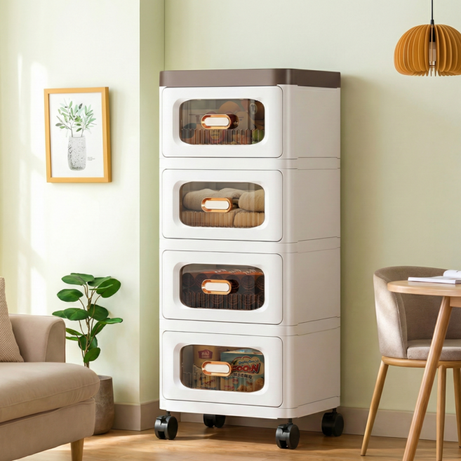 홈위시 모던 투명 서랍장 거실 침실 와이드 수납장 다용도 이동식 폴딩박스, 4단, 화이트