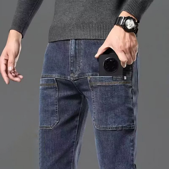 AOKADA 남성 스판 데님 팬츠 봄 가을 슬림핏 포켓 카고 청바지