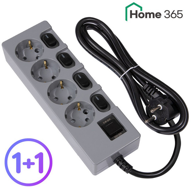 1+1 홈365 국산 개별멀티탭 4구 멀티탭 0.7m 1.5m 3m 5m 7m 10m / 16A 멀티콘센트, 2개, 개별스위치 4구 그레이