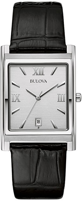 Bulova 남성용 스테인리스 스틸 3핸드 캘린더 날짜 쿼츠 시계 블랙 가죽 스트랩 직사각형 다이얼 스타일: 96B107 실버 클래식 실버톤 스트랩