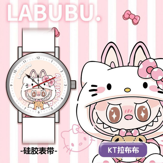 Labubu 方形矽膠石英手表，學生兒童男女卡通設計, 1個, 【硅膠帶表】KT拉布布