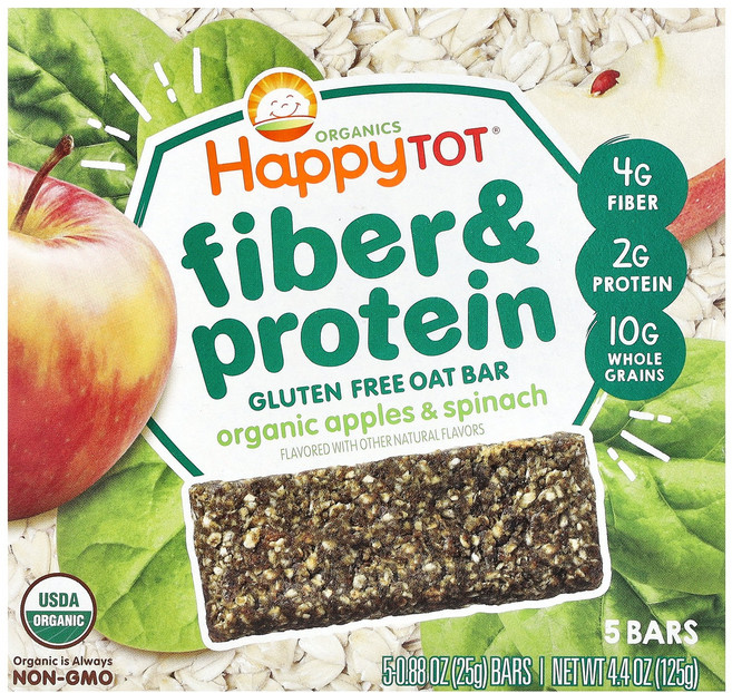 Happy Family Organics Tot® 식이섬유 및 단백질 오트바 글루텐 무함유 2세 이상용 유기농 사과 시금치 바 5개 각 25g(0.88oz) Org, Happy Family Organics, Tot®,, 1