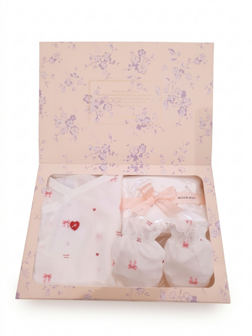[백화점 정품] 밍크뮤 쁘띠리본 배내바디슈트+손싸개 출산선물세트
