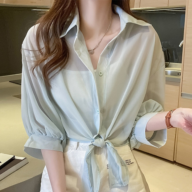 防曬衣女襯衫透膚感雪紡冰絲顯瘦寬版韓版上衣