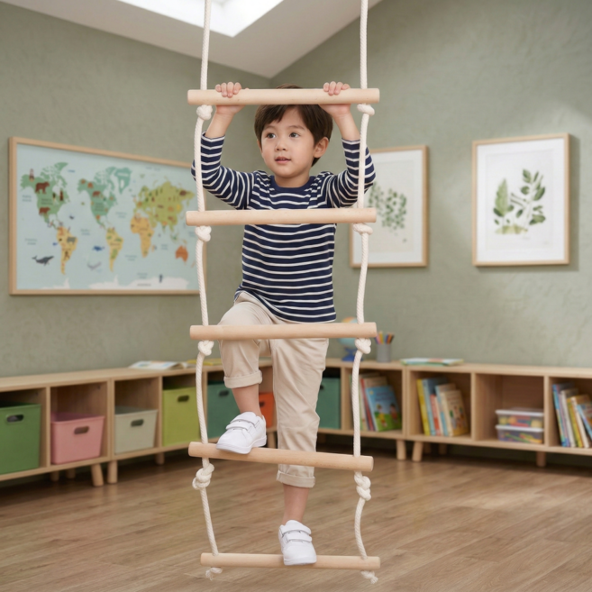 홈위시 원목 사다리 로프 실내 스윙 그네 매달리기 밧줄, 1개, 우드