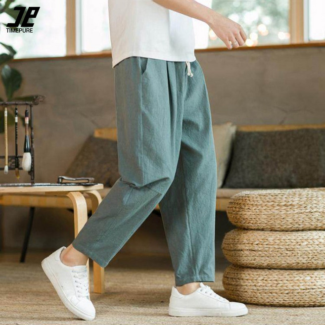 남성 원턱 배기바지 9부 밴딩 팬츠 와이드핏 벌룬팬츠 린넨 캐주얼 빅사이즈 봄 여름 가을 면바지 항아리바지