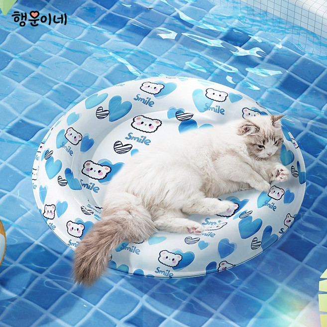행운이네 반려동물 고양이 강아지 쿨매트 방석 스마일 곰돌이 블루 사각 원형, 1개