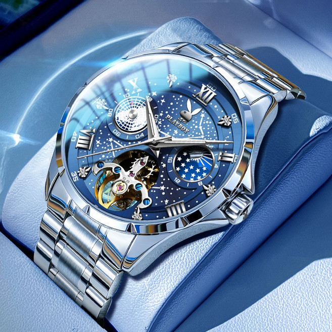 PLAYBOY 플레이보이 남성 기계식 디자인 손목시계 투명 오토매틱 개폐형 비즈니스 패션 방수 시계