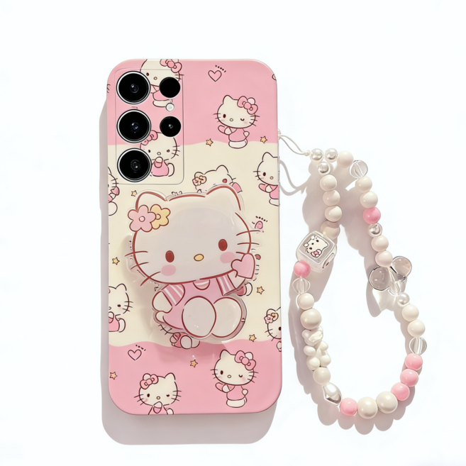 핑크 키티 패턴 갤럭시 S25 울트라 케이스+거치대+스트랩 세트