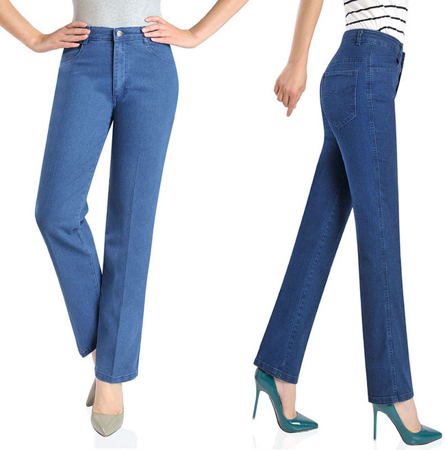 1+1 중년 여성 데님 팬츠 캐주얼 하이웨이스트 일자 청바지 슬림핏 엄마 스판 데님 팬츠 CY