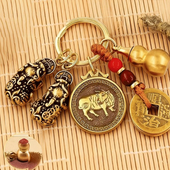 황동 행운 표주박 엽전 12간지 열쇠고리, 1개, 소