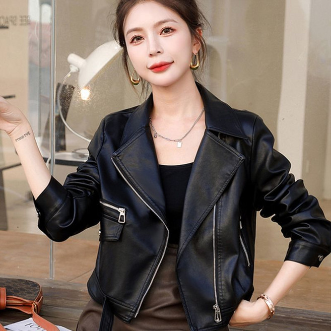 2026 春秋新款皮衣外套女 短款休闲PU皮西装领夹克