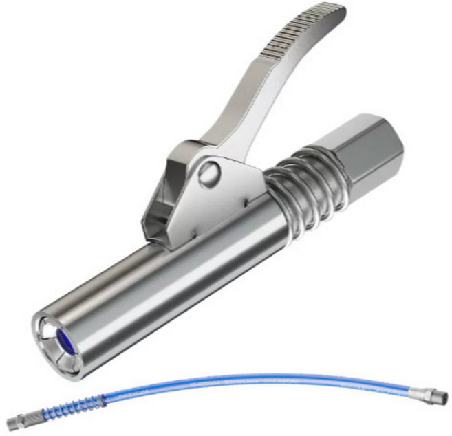 L-에센셜 올 스텐레스 원터치 구리스 주입기 호스 세트 에어 오일 그리스 건 커플러 노즐 니플 어뎁터, 단일 핸들 오일 노즐 + 30CM 파란색 튜브, 1세트