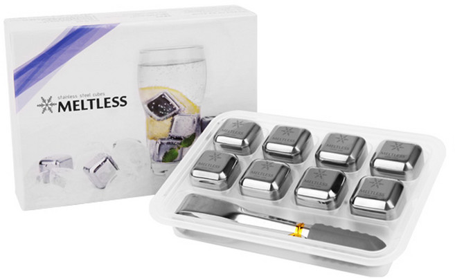 멜트레스 스테인레스 아이스큐브 아이스볼 아이스칠러 아이스컵 페이스롤러, [멜트레스] 아이스큐브(8개+집게+보관트레이), 1세트, 1개