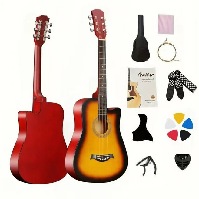 기타 입문 38인치 매트 마감 스프루스 가면 기타 세트 성인 학생 초보자 연습용 풀 패키지 포함, 1개, 선셋 색상, YYZ157