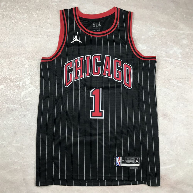 芝加哥公牛隊 球衣 夏季透氣速乾熱壓籃球服, 1個, 1號 羅斯 黑色條紋2XL 建議185/180-210斤