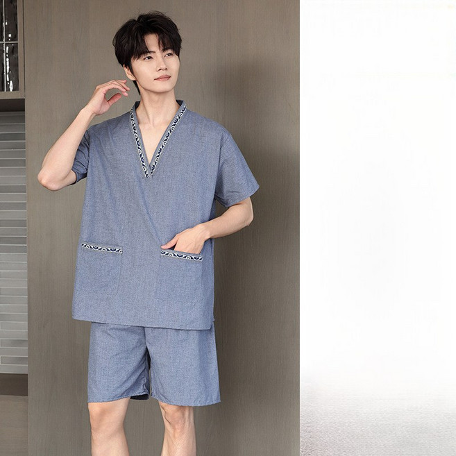 쁘띠꼬모 남녀 커플용 대형 린넨 코튼 반팔 잠옷 세트 전통 스타일 마사지복 GX6032801